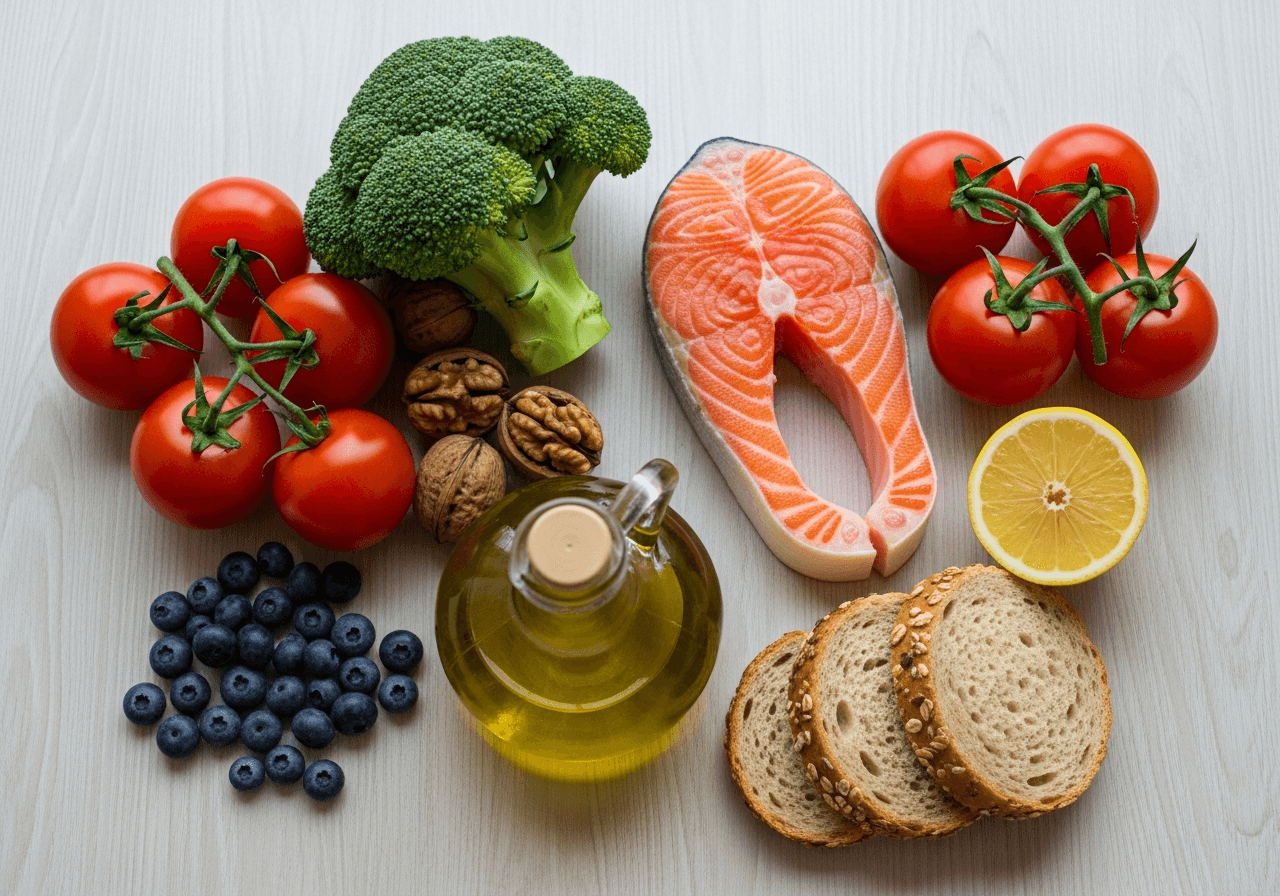 Mediterrane Ernaehrung mit Olivenoel Lachs Gemuese und Vollkorn als Anti-Aging-Basis
