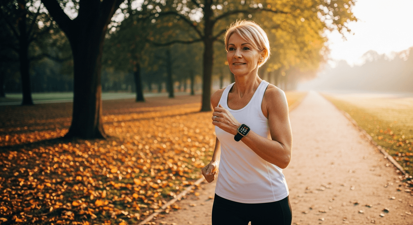 Frau in den 50ern joggt im Park als Symbol fuer junge biologische Gesundheit