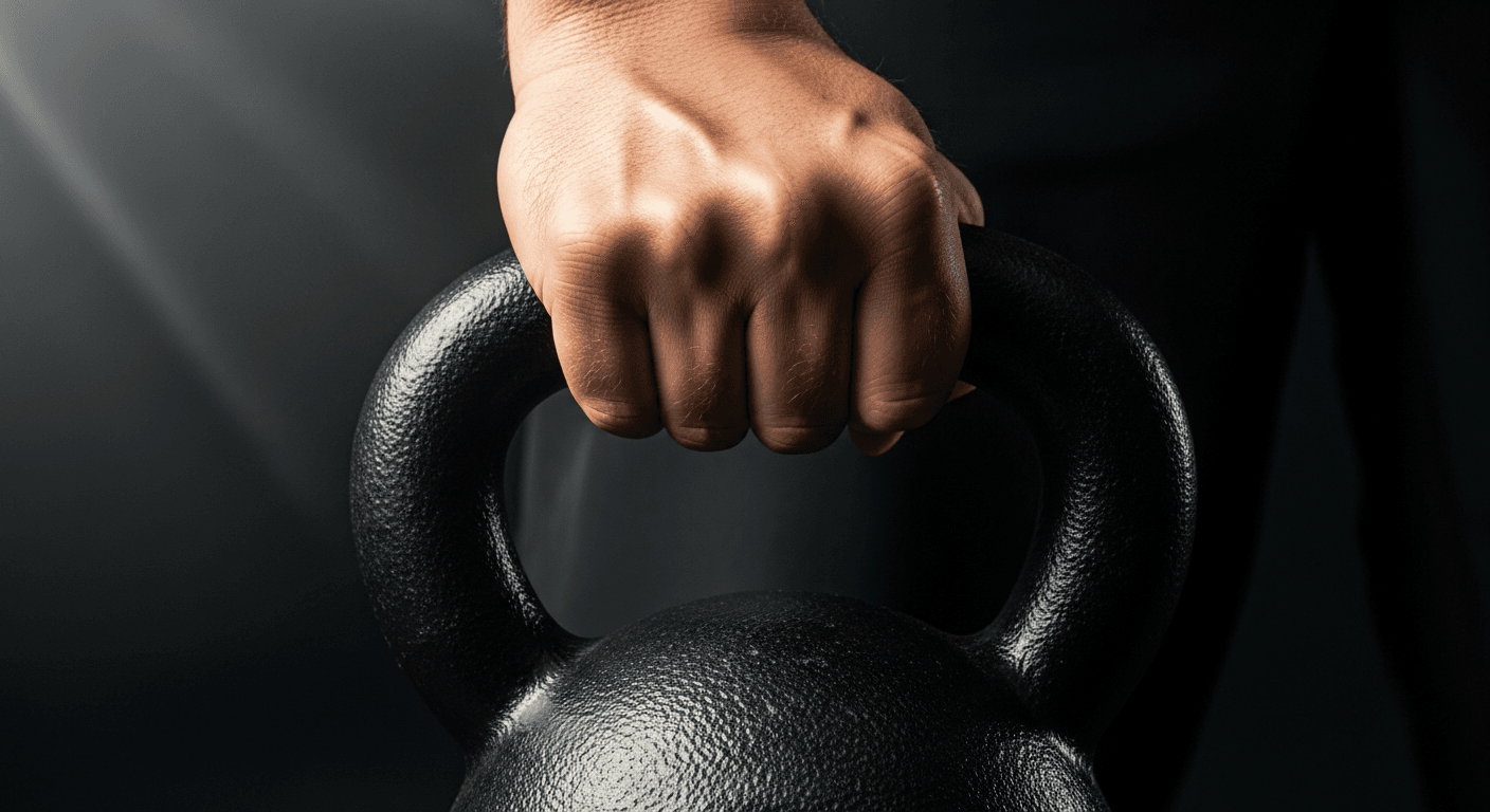 Kräftige Hand greift eine schwere Kettlebell zur Demonstration von Griffkraft