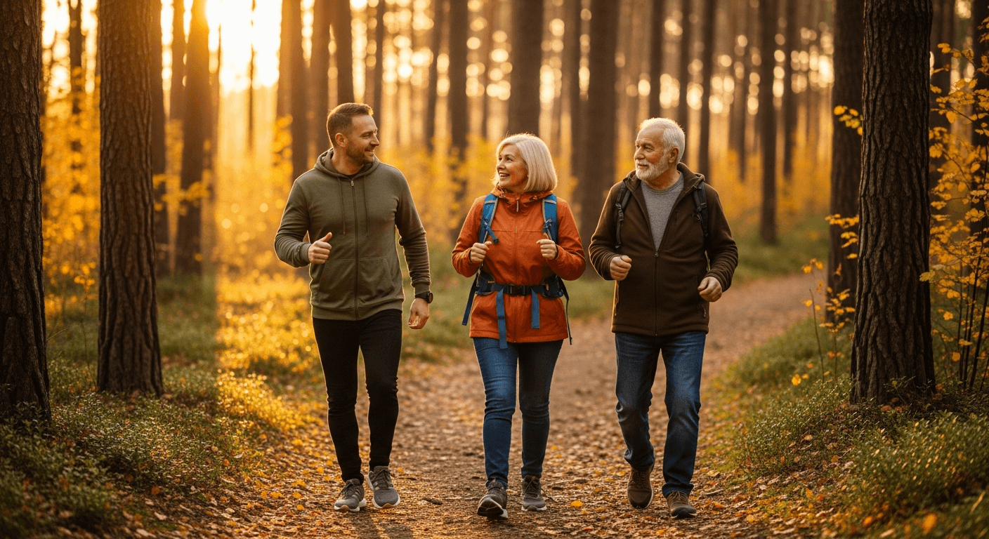 Drei Generationen wandern gemeinsam durch einen Wald als Symbol fuer aktive Lebensjahre