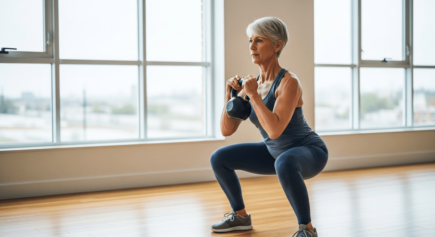 Frau in den 60ern macht Goblet Squat mit Kettlebell als Krafttraining gegen Sarkopenie