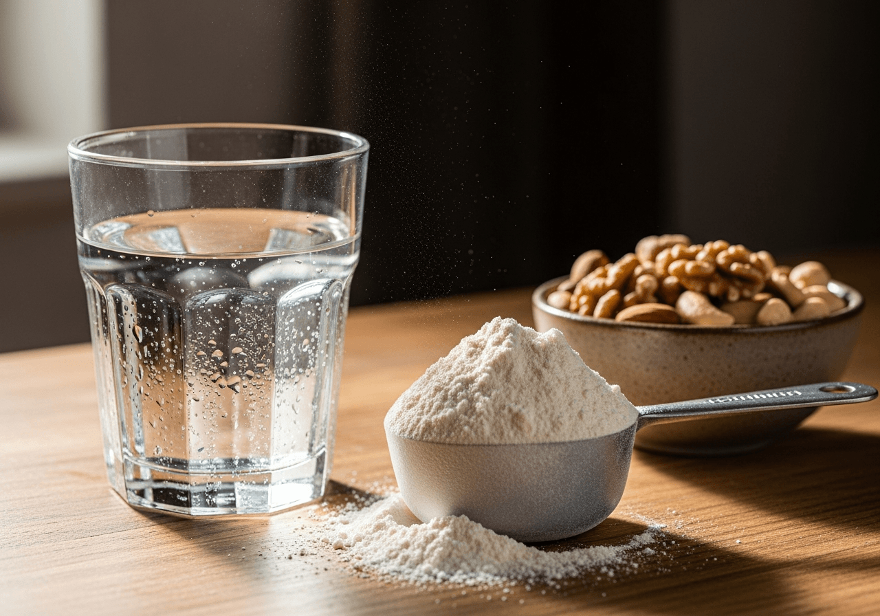 Portion Kreatinpulver mit Wasserglas als Beispiel für ein gut belegtes Supplement