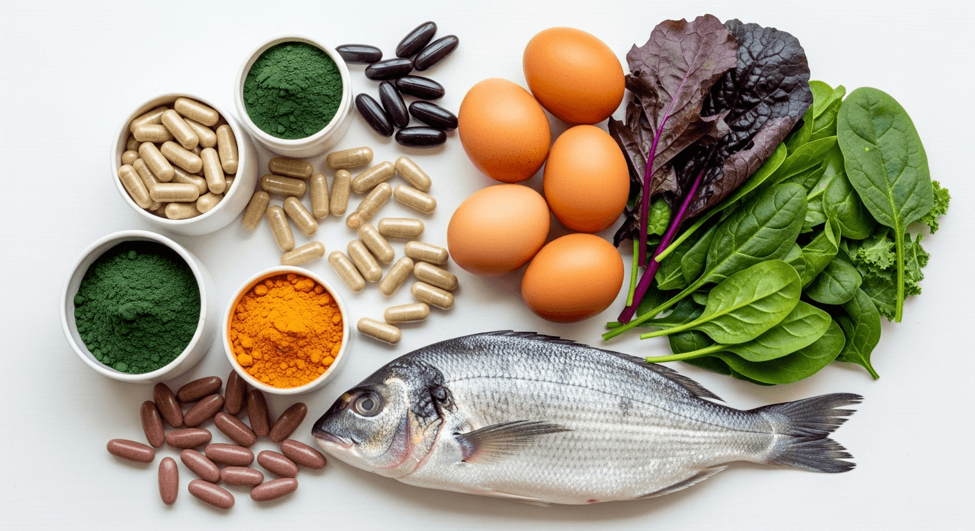 Nahrungsergänzungsmittel neben frischen Lebensmitteln als Symbol für den Longevity-Supplement-Check