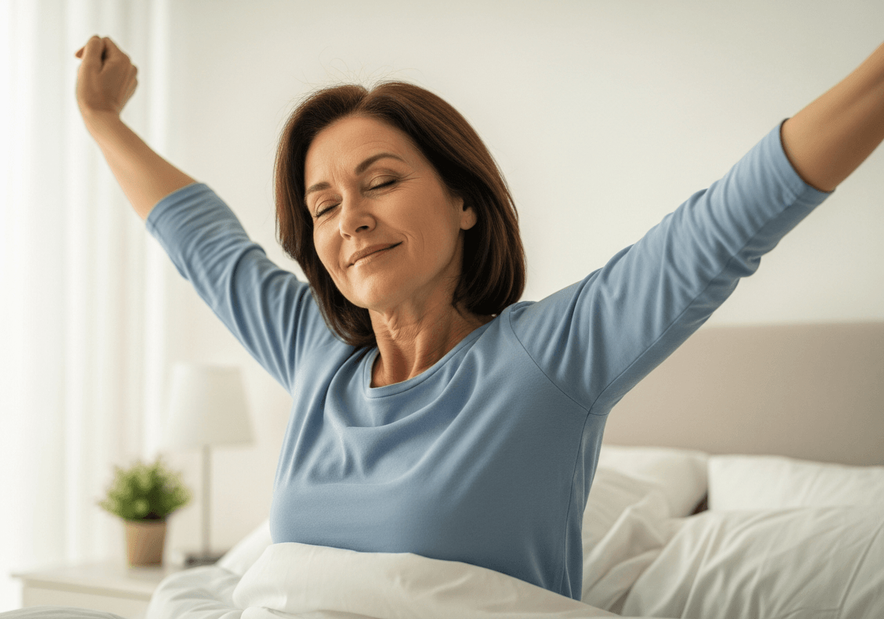 Ausgeruhte Frau streckt sich morgens erholt im Bett