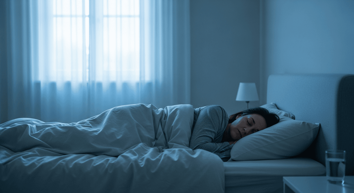 Person schläft erholt im ruhigen Schlafzimmer im sanften Morgenlicht