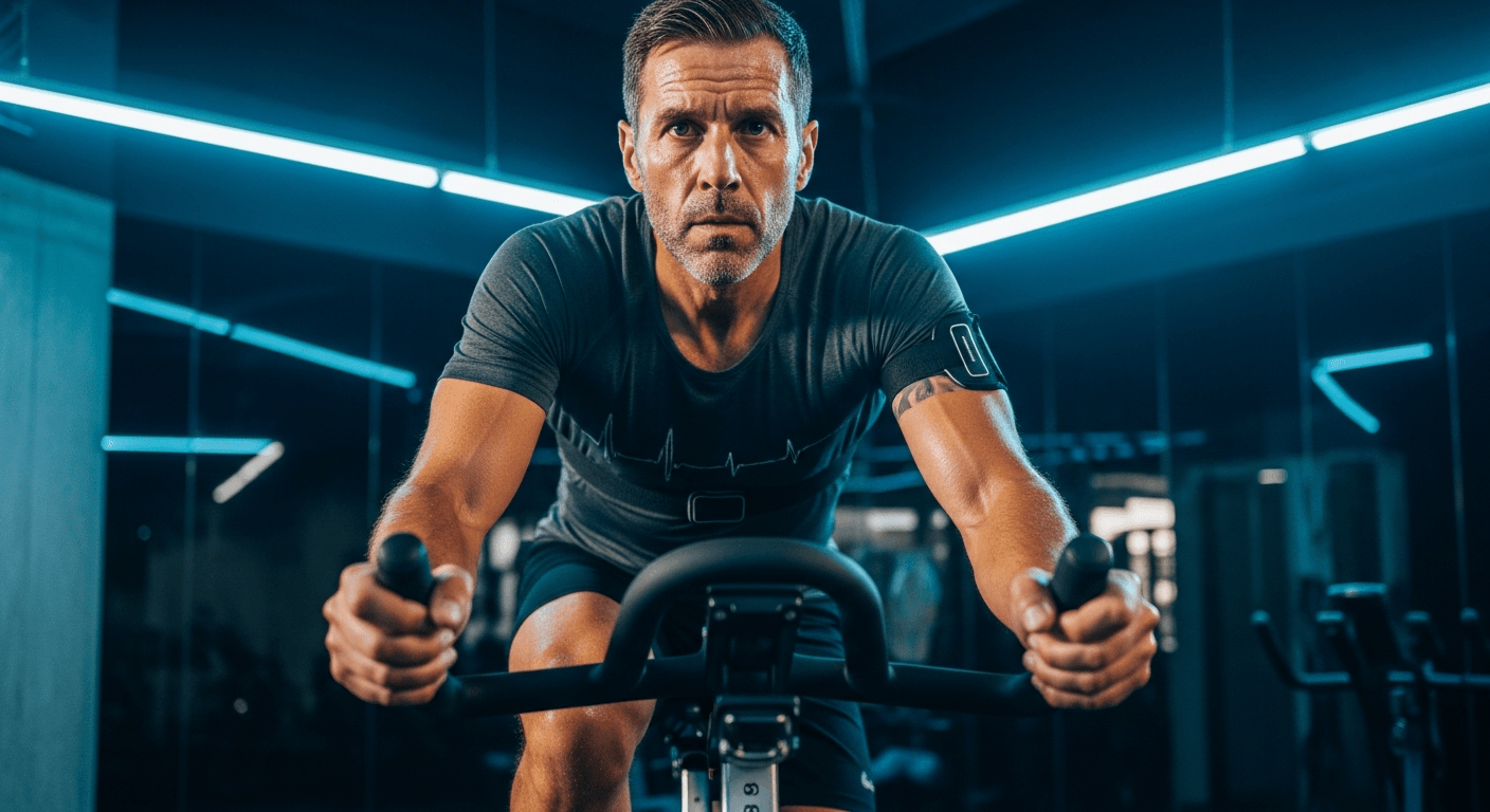 Mann mit Herzfrequenzgurt waehrend eines VO2max Intervalls auf dem Indoor-Ergometer