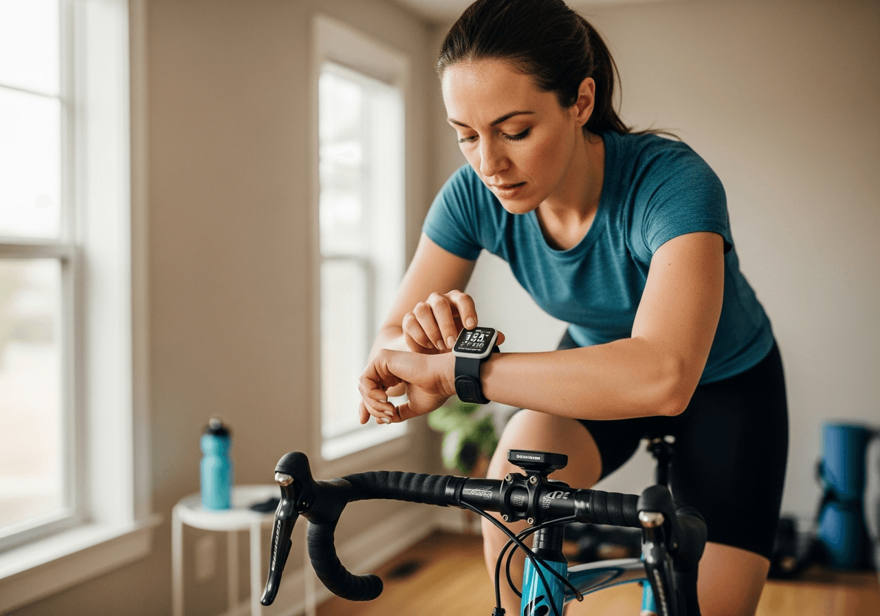 Frau steuert ihren Puls beim Zone-2-Training auf dem Indoor-Bike