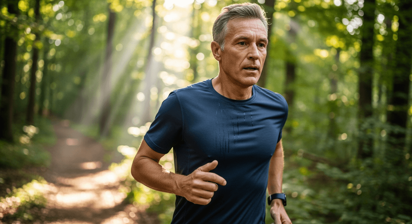 Mann mittleren Alters beim Intervalltraining auf einem Waldweg zur Steigerung der VO2max