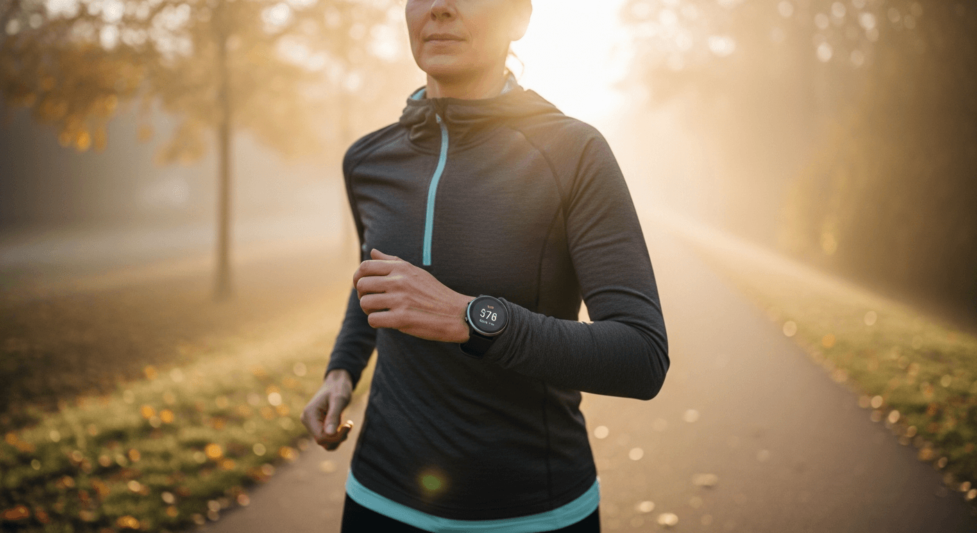 Frau im Zone 2 Tempo beim Walking durch einen Park mit Pulskontrolle ueber Smartwatch
